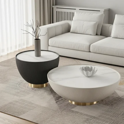 Round coffee table - of Rattan and marble - 2 pieces - Black and White