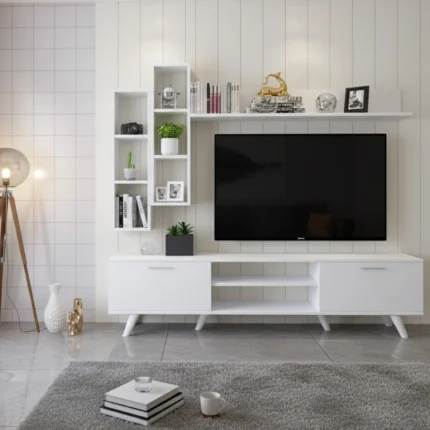 Unité TV « AURA » en couleur Blanc bois, dimensions : 180 x 45 x 35
