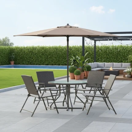 Ensemble table et parasol d'extérieur – 5 pièces – Marron