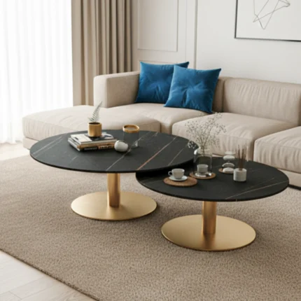 Table basse ronde - en métal et marbre - 2 pièces - Or et noir