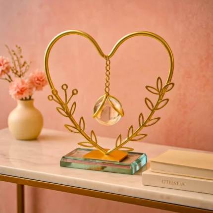 Décoration boule de cristal en métal doré forme cœur feuille, boule de cristal suspendue en art du fer pour salon, salle à manger, bureau à domicile, maison
