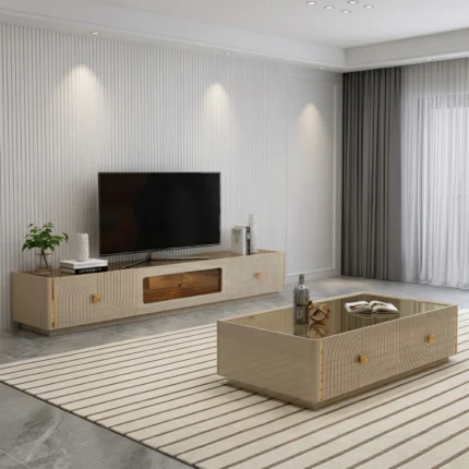 Unité TV « LUMEN » en couleur crème bois, dimensions : 180 x 45 x 35