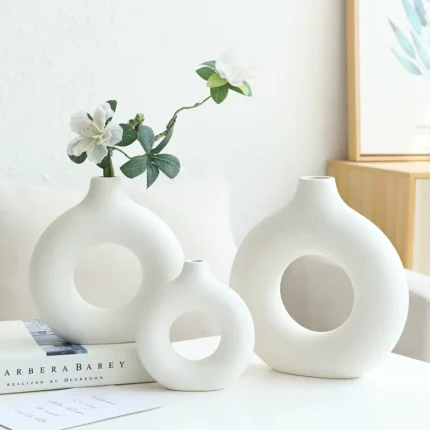 White Ceramics Vase for Home Decor,Minimalist Nordic Hollow Donut Vase Set of 2,Modern Boho Decor for Kitchen Table Centerpiece,Living Room,Bookshelf,Office,Entryway,Console
