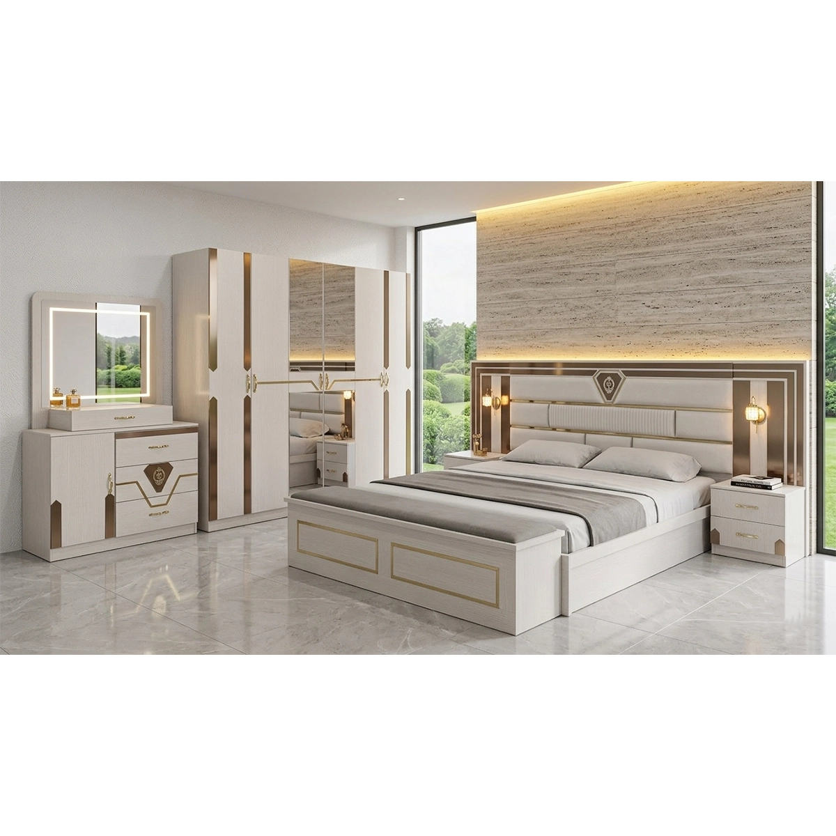 14-2 Chambre à coucher Moderne ÉCLAT 5 Pièces – Crème et or – Image 1