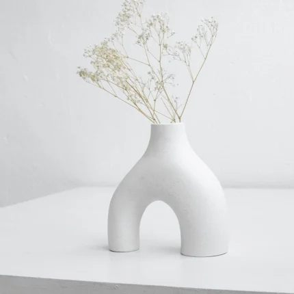 Ceramic Vase (Creamy White) Modern Half Donut Style Vases for Flowers Minimalist Decor – Hollow Ceramic Waterproof Home Decor Vases for Living Room, Bed Room, Book Shelf, Entryway, Table.