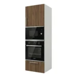 Meuble de cuisine colonne pour appareils électroménagers, 60 cm de large, avec four et micro-ondes intégrés, disponible en blanc ou en noyer.