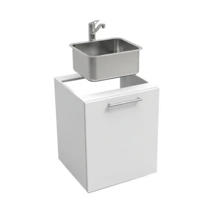 Meuble de cuisine basse, largeur 60 cm, équipé d'un évier et d'un mitigeur, disponible en deux couleurs : blanc ou bois de noyer.