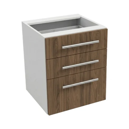 Meuble de cuisine basse, largeur 60 cm, avec trois tiroirs en deux couleurs : blanc ou bois de noyer.