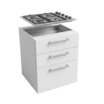 Meuble de cuisine basse, largeur 60 cm, avec trois tiroirs et d'une plaque de cuisson, disponible en deux couleurs : blanc ou bois de noyer. – Image 2
