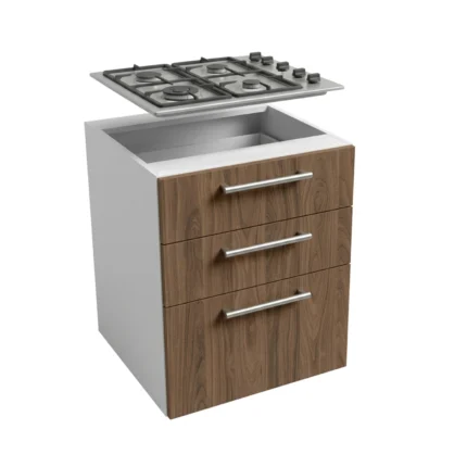 Meuble de cuisine basse, largeur 60 cm, avec trois tiroirs et d'une plaque de cuisson, disponible en deux couleurs : blanc ou bois de noyer.