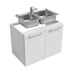 Meuble de cuisine basse, largeur 90 cm, équipé d’un évier et d’un mitigeur, disponible en deux couleurs : blanc ou bois de noyer.