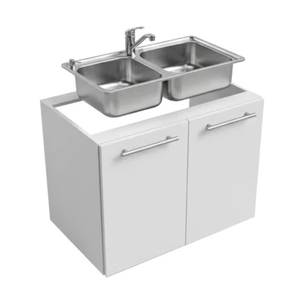 Meuble de cuisine basse, largeur 90 cm, équipé d’un évier et d’un mitigeur, disponible en deux couleurs : blanc ou bois de noyer.