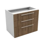 Meuble de cuisine basse, largeur 90 cm, avec trois tiroirs en deux couleurs : blanc ou bois de noyer.