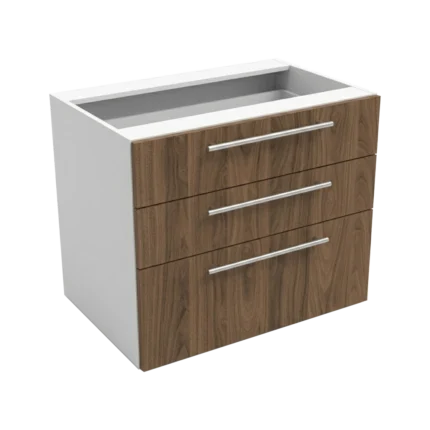 Meuble de cuisine basse, largeur 90 cm, avec trois tiroirs en deux couleurs : blanc ou bois de noyer.