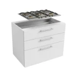 Meuble de cuisine basse, largeur 90 cm, avec trois tiroirs et d'une plaque de cuisson, disponible en deux couleurs : blanc ou bois de noyer. – Image 2