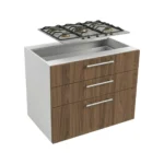 Meuble de cuisine basse, largeur 90 cm, avec trois tiroirs et d'une plaque de cuisson, disponible en deux couleurs : blanc ou bois de noyer.