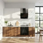 Cuisine moderne complète, en blanc et noyer - Modèle "ROVERA"