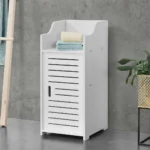 Narrow White Floor Cabinet with Slatted Door and Open Top Shelf - Compact Wooden Storage Organizer for Bedroom, Bathroom, or Living Room. - Image 2