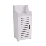 Narrow White Floor Cabinet with Slatted Door and Open Top Shelf - Compact Wooden Storage Organizer for Bedroom, Bathroom, or Living Room. - Image 3