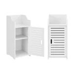 Narrow White Floor Cabinet with Slatted Door and Open Top Shelf - Compact Wooden Storage Organizer for Bedroom, Bathroom, or Living Room. - Image 4