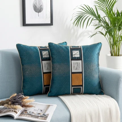 Sage Green Velvet Decorative Throw Pillow with Embroidered Geometric Band and Textured Detail.