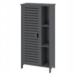 Modern Grey Bathroom Floor Cabinet with Slatted Door and Open Shelves - Narrow Storage Organizer for Towels. - Image 2