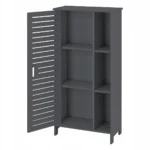 Modern Grey Bathroom Floor Cabinet with Slatted Door and Open Shelves - Narrow Storage Organizer for Towels. - Image 3