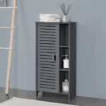 Modern Grey Bathroom Floor Cabinet with Slatted Door and Open Shelves - Narrow Storage Organizer for Towels.
