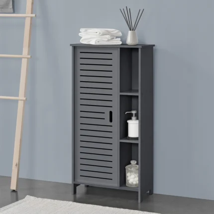Modern Grey Bathroom Floor Cabinet with Slatted Door and Open Shelves - Narrow Storage Organizer for Towels.