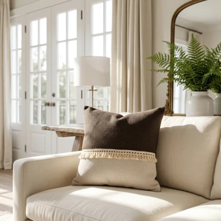 Brown and Beige Color Block Throw Pillow Cover with Cream Fringe Tassel Detail - Boho Woven Decorative Cushion Case.
