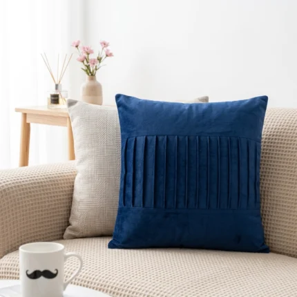 Navy Blue Velvet Throw Pillow Cover - Square Decorative Cushion Case with Vertical Pleated Detail for Sofa and Bedroom.