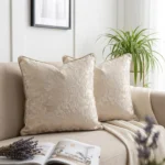 Champagne Crushed Velvet Throw Pillow Cover - Luxury Beige and Gold Decorative Square Cushion with Piping.