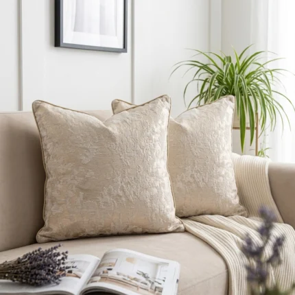 Housse de Coussin en Velours Froissé Champagne - Coussin Décoratif Carré Luxueux Beige et Or avec Passepoil.