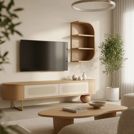 Unité TV « CURVA » en couleur Beige bois, dimensions : 200 x 47 x 40