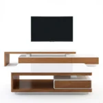 Unité TV « LINIA » en couleur Noyer et Blanc bois, dimensions : 200 x 45 x 40 - Avec Table Basse – Image 2