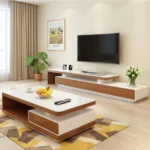 Unité TV « LINIA » en couleur Noyer et Blanc bois, dimensions : 200 x 45 x 40 - Avec Table Basse