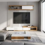 Unité TV « PROVENCE » en couleur beige et blanc bois, dimensions : 200 x 45 x 40 - Avec Table Basse