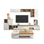 Meuble TV « AXIS » couleur bois beige et blanc, dimensions – 200 x 45 x 40 – avec table basse et unité de rangement. – Image 2