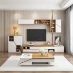 Meuble TV « AXIS » couleur bois beige et blanc, dimensions – 200 x 45 x 40 – avec table basse et unité de rangement.