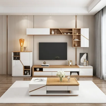 Meuble TV « AXIS » couleur bois beige et blanc, dimensions – 200 x 45 x 40 – avec table basse et unité de rangement.