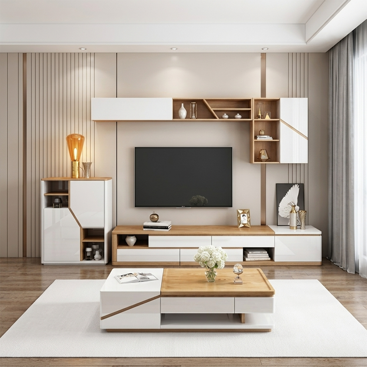 12 Meuble TV « AXIS » couleur bois beige et blanc, dimensions – 200 x 45 x 40 – avec table basse et unité de rangement. – Image 1