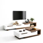 Meuble TV « DUALIS » en bois noyer et blanc, dimensions : 200 x 45 x 40 cm – avec table basse – Image 2