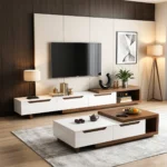 Meuble TV « DUALIS » en bois noyer et blanc, dimensions : 200 x 45 x 40 cm – avec table basse
