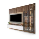 Meuble TV « AURUM » blanc et gris, dimensions : 200 x 55 x 40 cm, avec un revêtement mural couleur bois. – Image 2