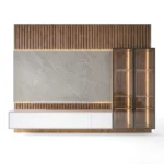 Meuble TV « AURUM » blanc et gris, dimensions : 200 x 55 x 40 cm, avec un revêtement mural couleur bois. – Image 3