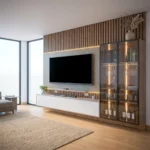 Meuble TV « AURUM » blanc et gris, dimensions : 200 x 55 x 40 cm, avec un revêtement mural couleur bois.
