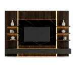 Meuble TV « NOCTIS » noir, dimensions : 240 x 40 x 36 cm, avec un revêtement mural noir. – Image 2
