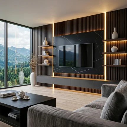 Meuble TV « NOCTIS » noir, dimensions : 240 x 40 x 36 cm, avec un revêtement mural noir.
