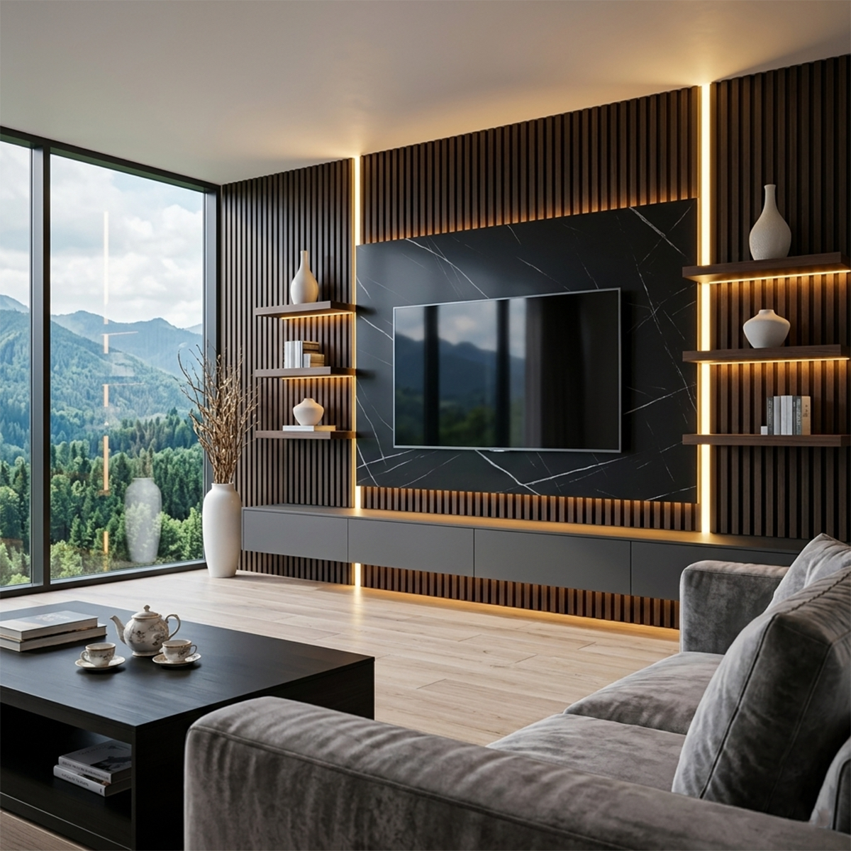 15 Meuble TV « NOCTIS » noir, dimensions : 240 x 40 x 36 cm, avec un revêtement mural noir. – Image 1
