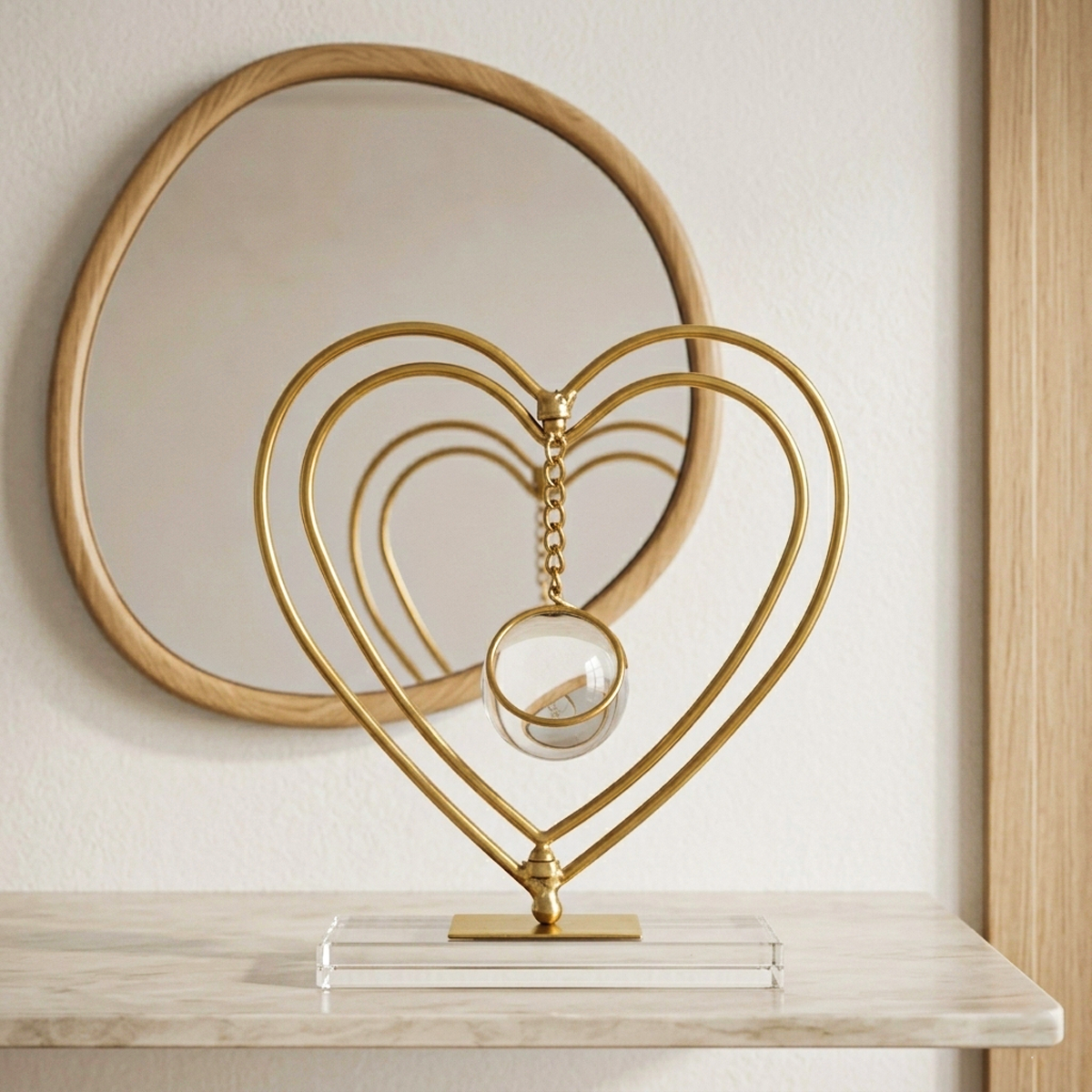 30 Sculpture Cœur Dorée Moderne avec Sphère en Verre Suspendue et Base en Acrylique - Décoration Romantique de Table – Image 1
